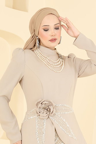 moda selvim Boncuk İşlemeli Broş Detaylı Abiye 243DMNK1166 Taş - Thumbnail