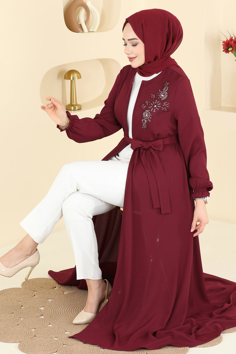 Boncuk İşlemeli Krep Ferace 8237AB368 Bordo