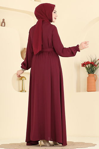 moda selvim Boncuk İşlemeli Krep Ferace 8237AB368 Bordo - Thumbnail