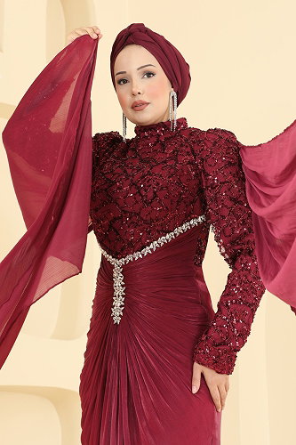 moda selvim Boncuk İşlemeli Pelerinli Abiye 241DMNK1166 Bordo - Thumbnail