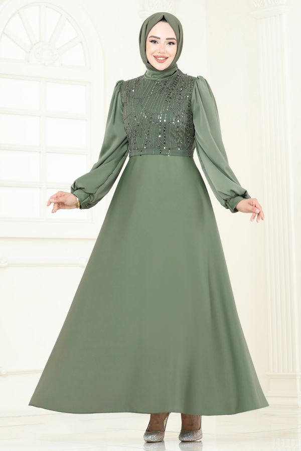 Modaselvim ABİYE Boncuk İşlemeli Saten Abiye 5691EDF311 Haki