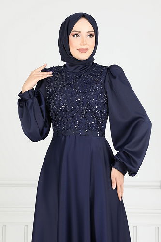 moda selvim Boncuk İşlemeli Saten Abiye 5691EDF311 Laci - Thumbnail