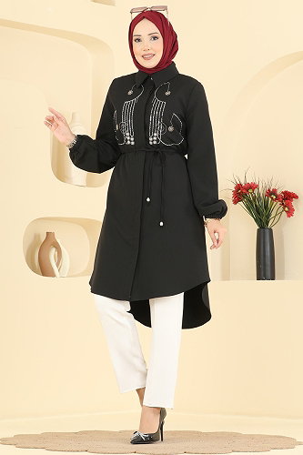 moda selvim Boncuk İşlemeli Şık Tunik 2894SLK540 Siyah - Thumbnail