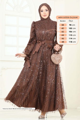 moda selvim Boncuk İşlemeli Tesettür Abiye 6641YG95 Kahve - Thumbnail