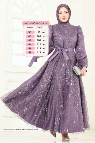 moda selvim Boncuk İşlemeli Tesettür Abiye 6641YG95 Lila - Thumbnail