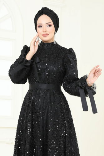 moda selvim Boncuk İşlemeli Tesettür Abiye 6641YG95 Siyah - Thumbnail