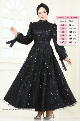 moda selvim Boncuk İşlemeli Tesettür Abiye 6641YG95 Siyah - Thumbnail