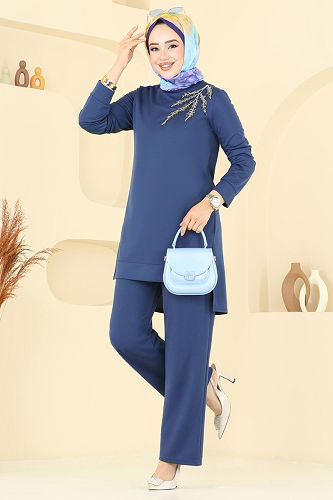 moda selvim Boncuk İşlemeli Tesettür Takım 2672SL432 İndigo - Thumbnail