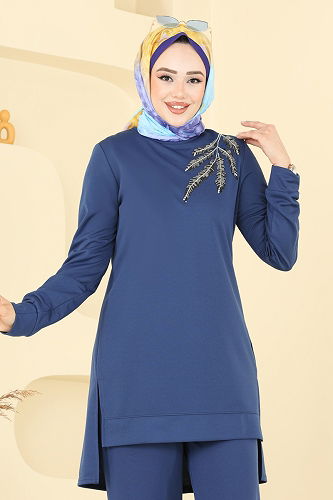 moda selvim Boncuk İşlemeli Tesettür Takım 2672SL432 İndigo - Thumbnail