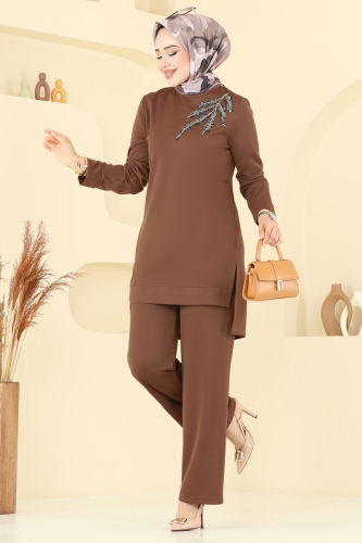 S.L. - Boncuk İşlemeli Tesettür Takım 2672SL432 Kahve