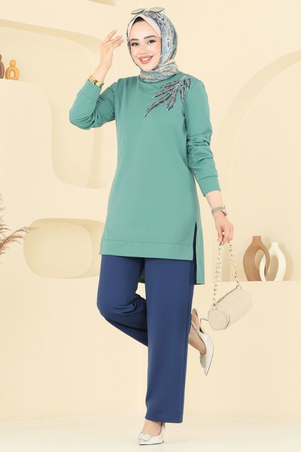 Modaselvim Kombin Boncuk İşlemeli Tesettür Takım 2672SL432 Mint&Laci