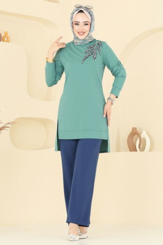 moda selvim Boncuk İşlemeli Tesettür Takım 2672SL432 Mint&Laci - Thumbnail