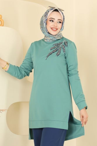 moda selvim Boncuk İşlemeli Tesettür Takım 2672SL432 Mint&Laci - Thumbnail