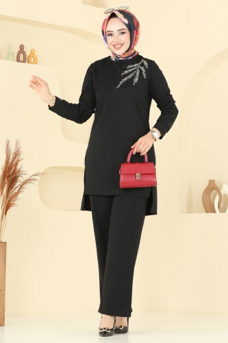 moda selvim Boncuk İşlemeli Tesettür Takım 2672SL432 Siyah - Thumbnail