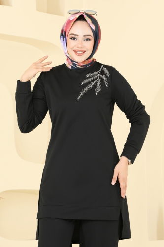 moda selvim Boncuk İşlemeli Tesettür Takım 2672SL432 Siyah - Thumbnail
