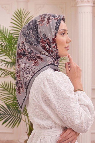 moda selvim Botanik Desen Soft Eşarp 519ERBK1201 Gri - Thumbnail