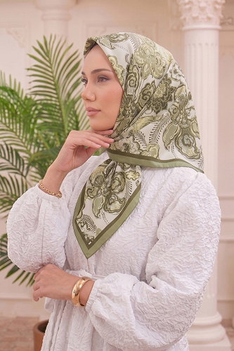moda selvim Botanik Desen Soft Eşarp 519ERBK1201 Küf Yeşili - Thumbnail