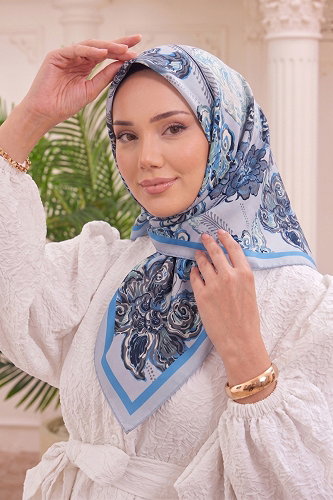 moda selvim Botanik Desen Soft Eşarp 519ERBK1201 Mavi - Thumbnail