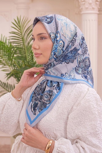 moda selvim Botanik Desen Soft Eşarp 519ERBK1201 Mavi - Thumbnail