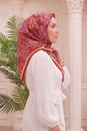 moda selvim Botanik Desen Soft Eşarp 519ERBK1201 Nar Çiçeği - Thumbnail