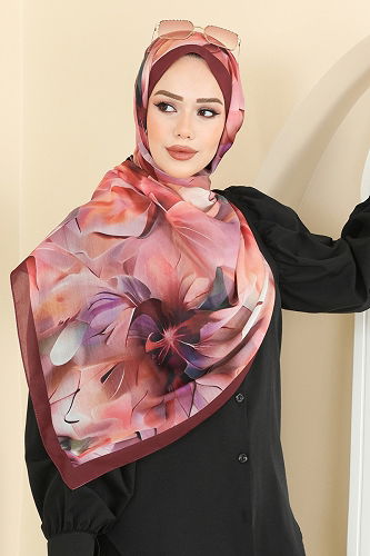 moda selvim Boyama Desenli Soft Şal Serisi 150IPK758 Bordo - Thumbnail