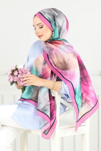 moda selvim Boyama Desenli Soft Şal Serisi 706ART1138 Fuşya&Mint - Thumbnail