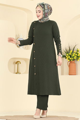 moda selvim Boydan Düğmeli 2 li Takım 215BO429 Haki - Thumbnail