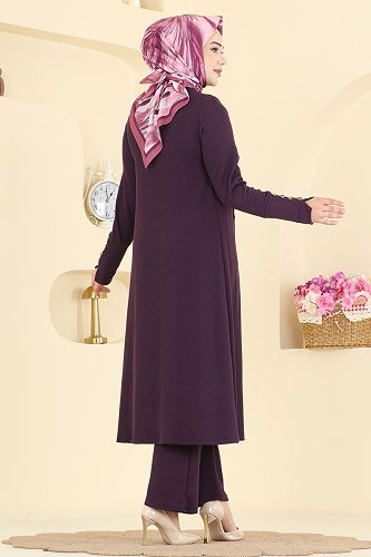 moda selvim Boydan Düğmeli 2 li Takım 215BO429 Mürdüm - Thumbnail