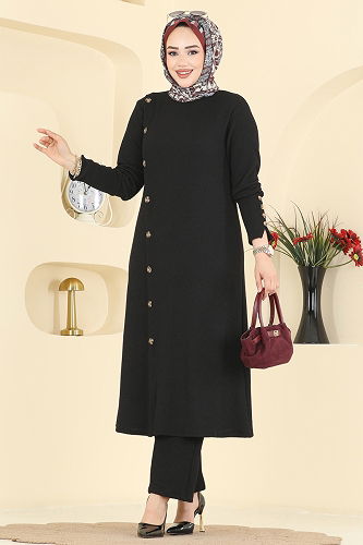 moda selvim Boydan Düğmeli 2 li Takım 215BO429 Siyah - Thumbnail