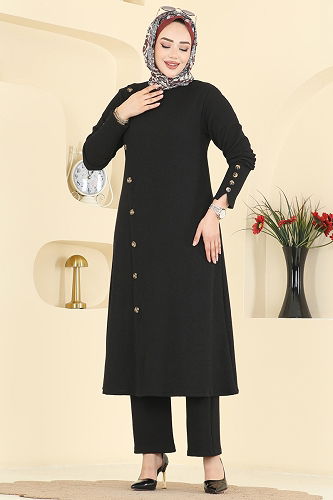 moda selvim Boydan Düğmeli 2 li Takım 215BO429 Siyah - Thumbnail