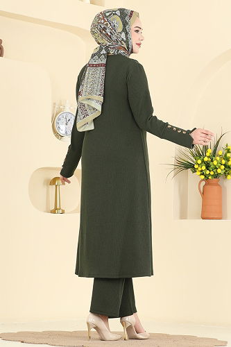 moda selvim Boydan Düğmeli İkili Takım 215BO429 Haki - Thumbnail