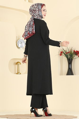 moda selvim Boydan Düğmeli İkili Takım 215BO429 Siyah - Thumbnail