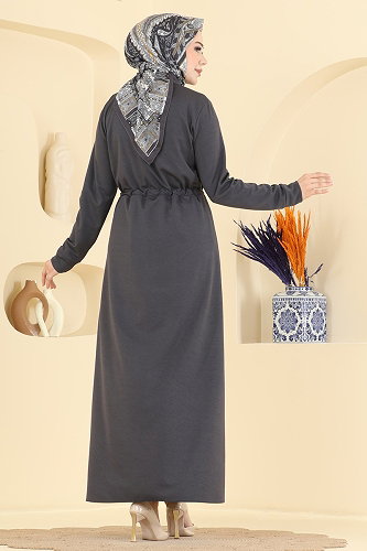 moda selvim Boydan Düğmeli Şık Elbise 24047UKBK1160 Antrasit - Thumbnail