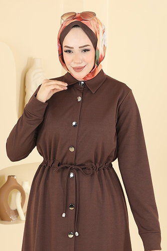 moda selvim Boydan Düğmeli Şık Elbise 24047UKBK1160 Kahve - Thumbnail