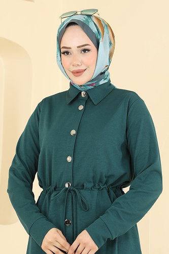 moda selvim Boydan Düğmeli Şık Elbise 24047UKBK1160 Petrol - Thumbnail