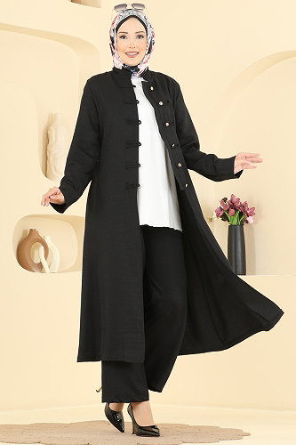 moda selvim Brit Düğmeli 2 li Takım PL9232 Siyah - Thumbnail