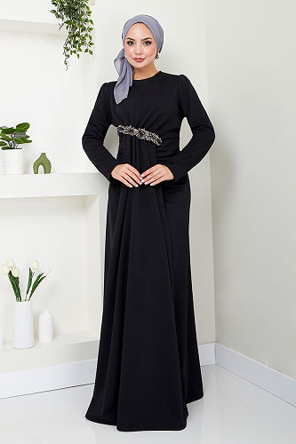 moda selvim Brooch Detailed Evening Dress 5021SL890 Black - Thumbnail