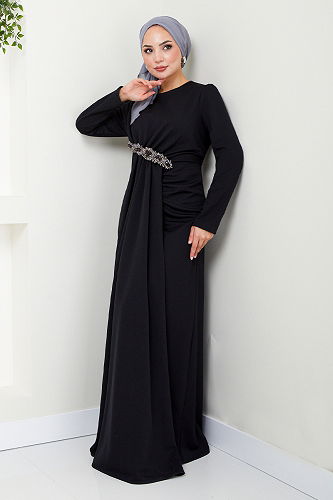 moda selvim Brooch Detailed Evening Dress 5021SL890 Black - Thumbnail