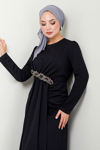 moda selvim Brooch Detailed Evening Dress 5021SL890 Black - Thumbnail