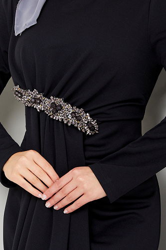moda selvim Brooch Detailed Evening Dress 5021SL890 Black - Thumbnail