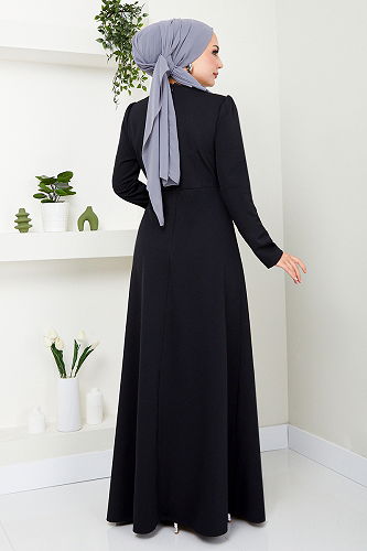 moda selvim Brooch Detailed Evening Dress 5021SL890 Black - Thumbnail