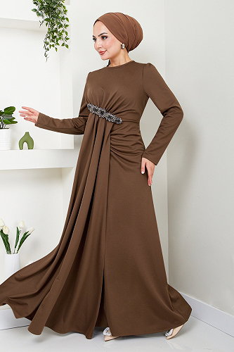 moda selvim Brooch Detailed Evening Dress 5021SL890 Coffee - Thumbnail