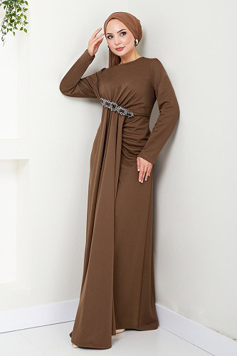 moda selvim Brooch Detailed Evening Dress 5021SL890 Coffee - Thumbnail