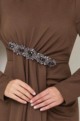 moda selvim Brooch Detailed Evening Dress 5021SL890 Coffee - Thumbnail