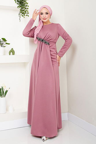 moda selvim Brooch Detailed Evening Dress 5021SL890 Rose Dry - Thumbnail