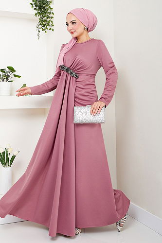 moda selvim Brooch Detailed Evening Dress 5021SL890 Rose Dry - Thumbnail