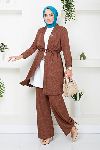 moda selvim Brooch Detailed Linen Suit 4718ZNK903-M Coffee - Thumbnail