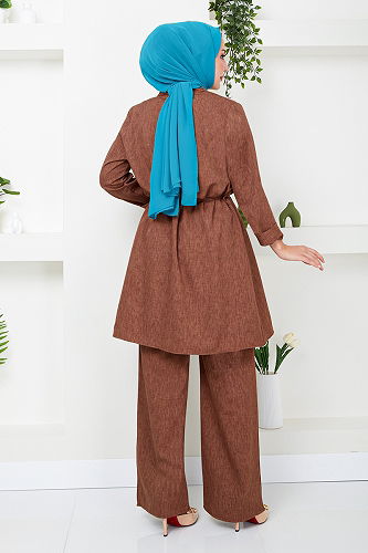 moda selvim Brooch Detailed Linen Suit 4718ZNK903-M Coffee - Thumbnail