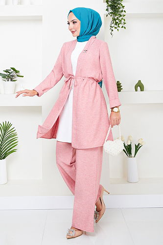 moda selvim Brooch Detailed Linen Suit 4718ZNK903-M Rose Dried - Thumbnail