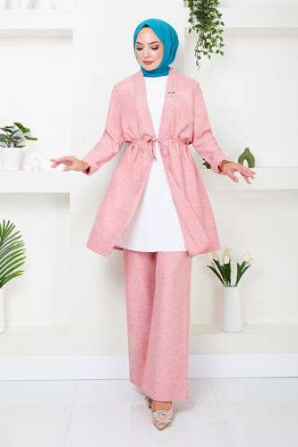 MRV Z.N.K. - Brooch Detailed Linen Suit 4718ZNK903-M Rose Dried